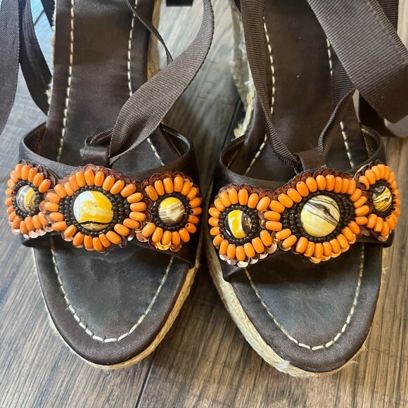 J VINCENT Beaded Brown Open Toe Platform Espadrille Woven Jute Wedge Sz 6 - Picture 4 of 6